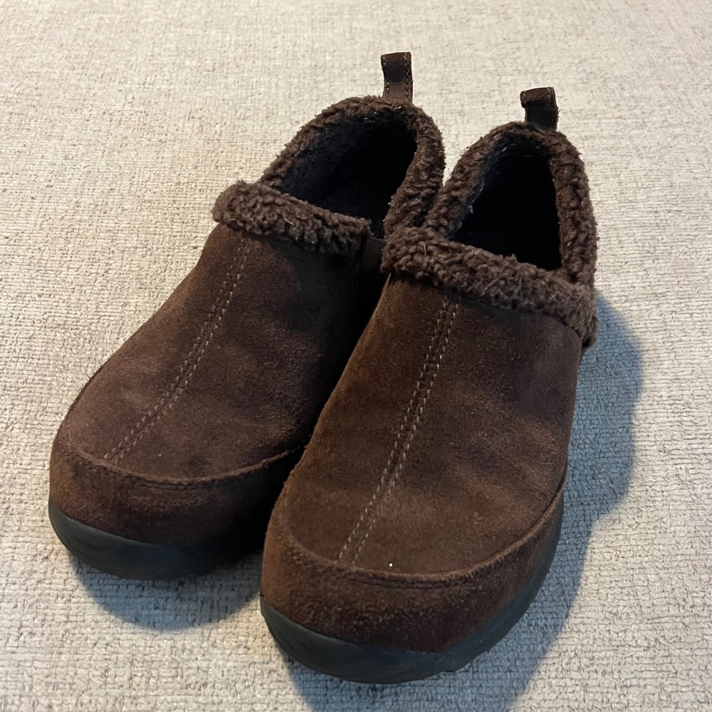 Lands End Womens All Weather Suede Mocs Brown Faux Fur‎ Trim Slip On Shoes 7B